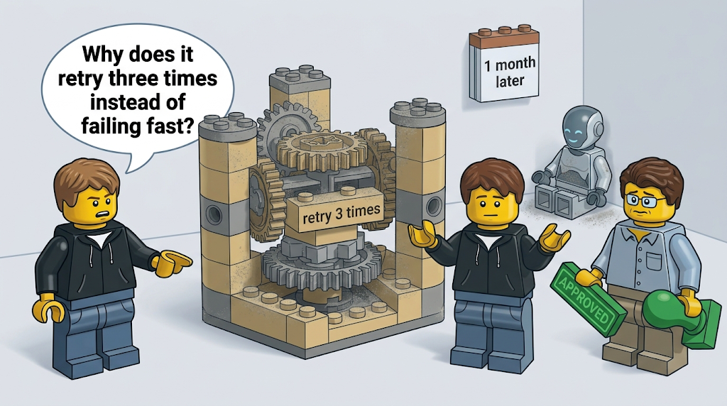 LEGO-style scene, one month later: a developer asks why the service retries three times instead of failing fast, while the author shrugs and the reviewer holds an APPROVED stamp