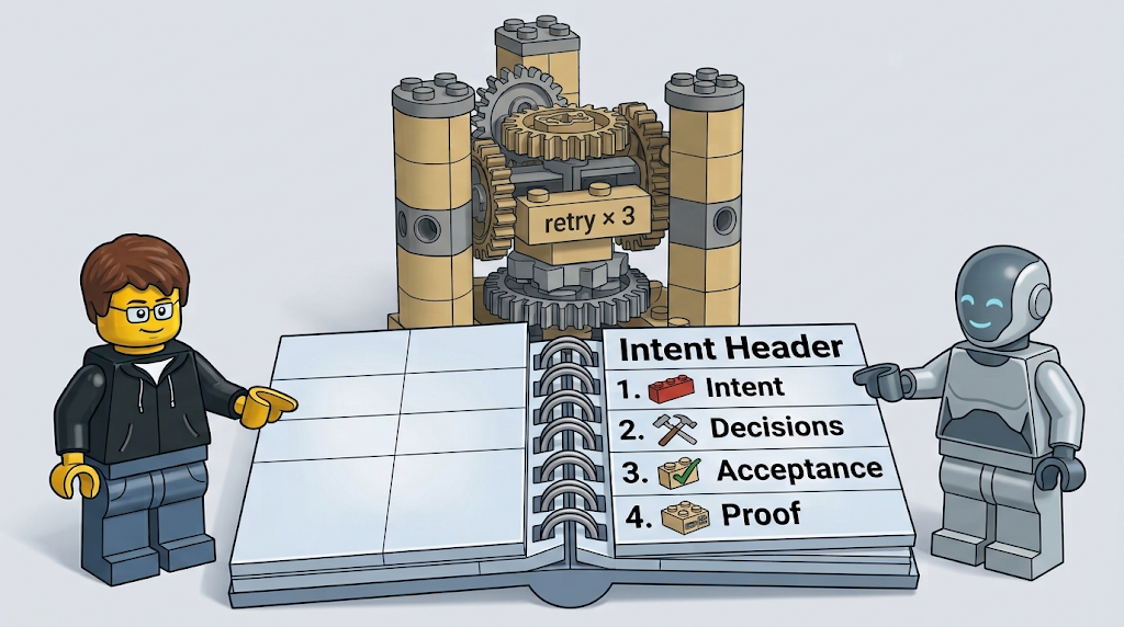LEGO-style scene: a developer and a robot agent point at an open booklet titled Intent Header listing Intent, Decisions, Acceptance and Proof