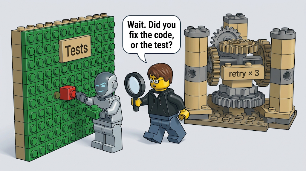 LEGO-style scene: a robot agent swaps a red brick in a wall labeled Tests while a developer with a magnifying glass asks: Did you fix the code, or the test?
