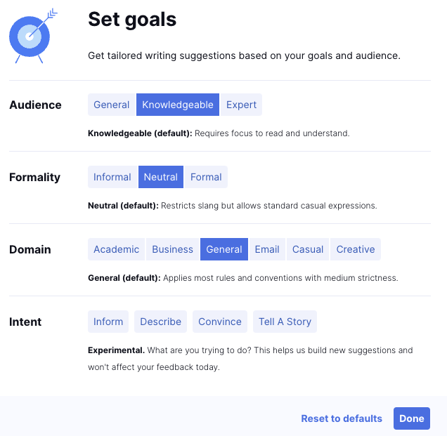 Grammarly goals setting